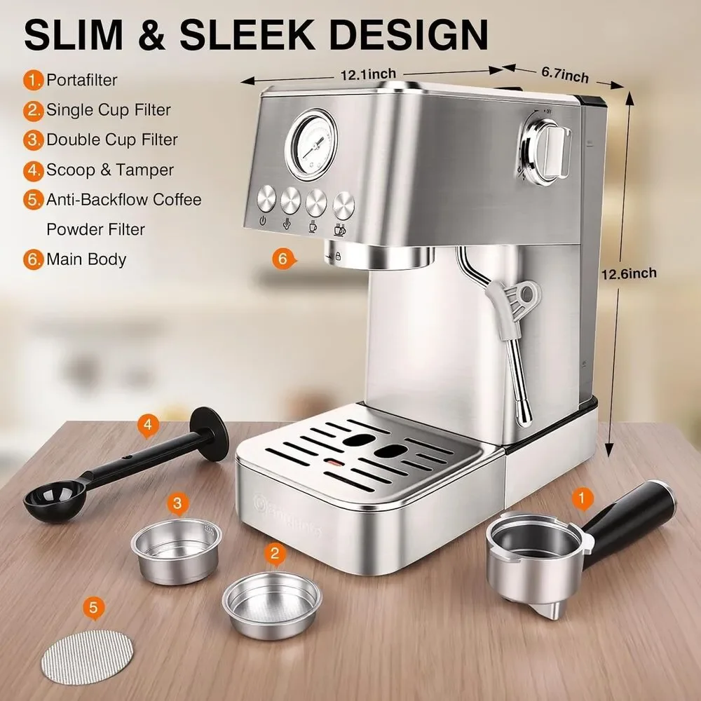 20 Bar Espresso Machine with Milk Frother Stainless Steel Coffee Maker, 1350W Fa